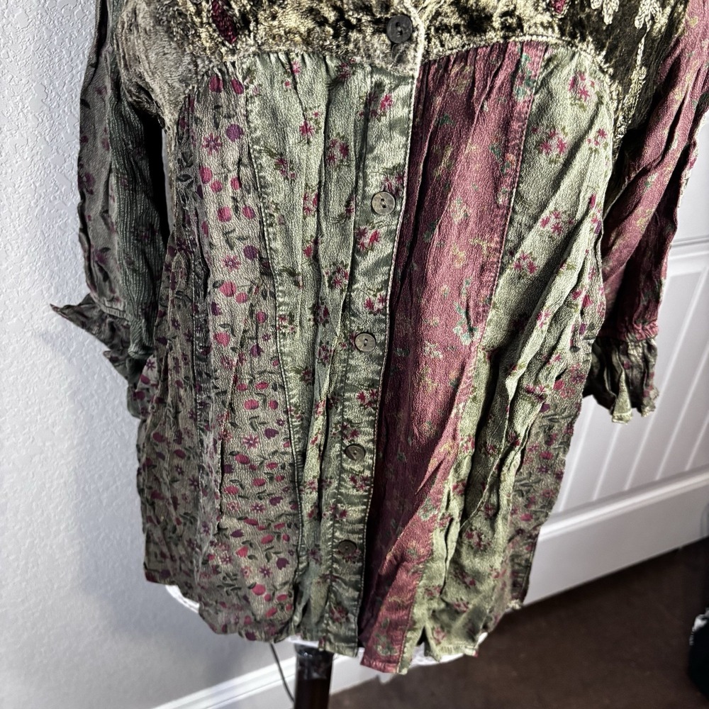 Boho Velvet Patchwork V-Neck Blouse in Olive & Burgundy - Picture 5 of 16